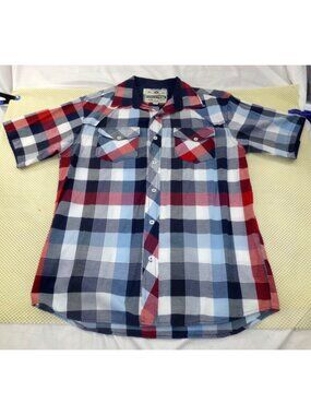 Evolution In Design Mens XL Red Blue Plaid Short Sleeve Button Up Shirt Pockets